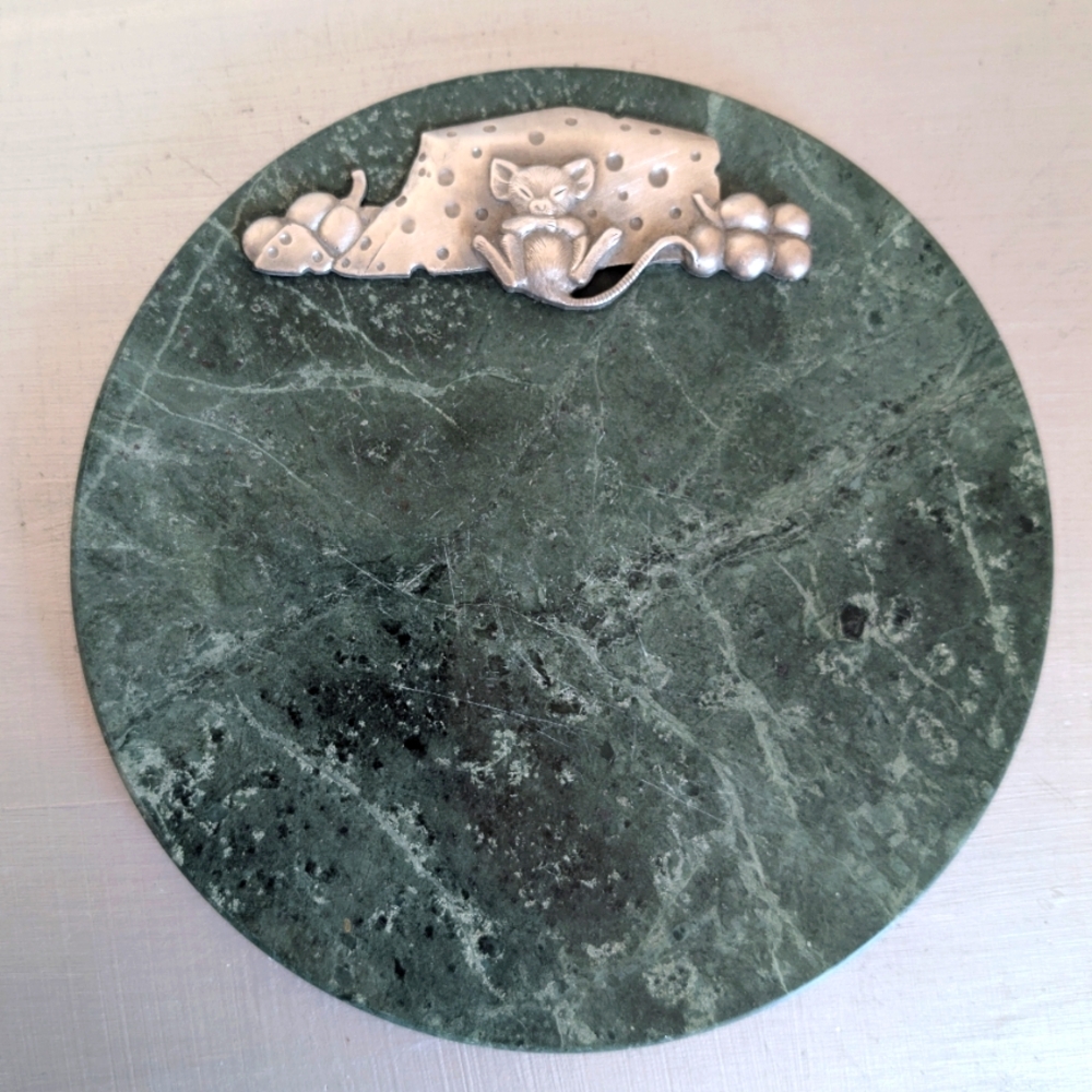 Green Marble Cheese Board , little mouse sleeping on cheese and fruits 8"